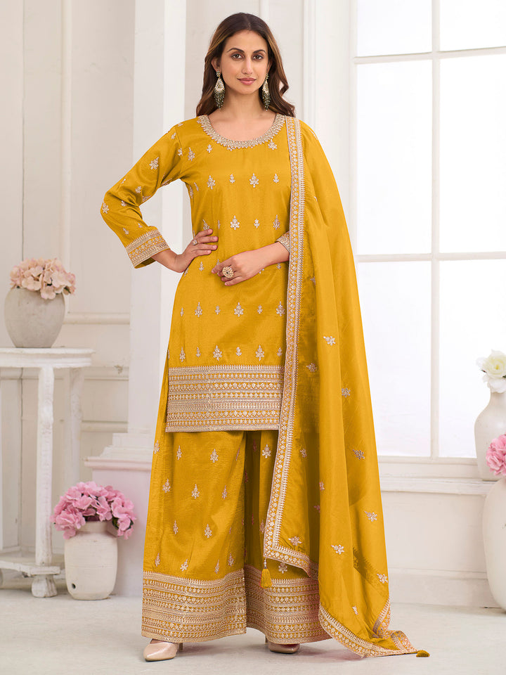Yellow Art Silk Embroidered Kurta With Palazzo &amp; Dupatta