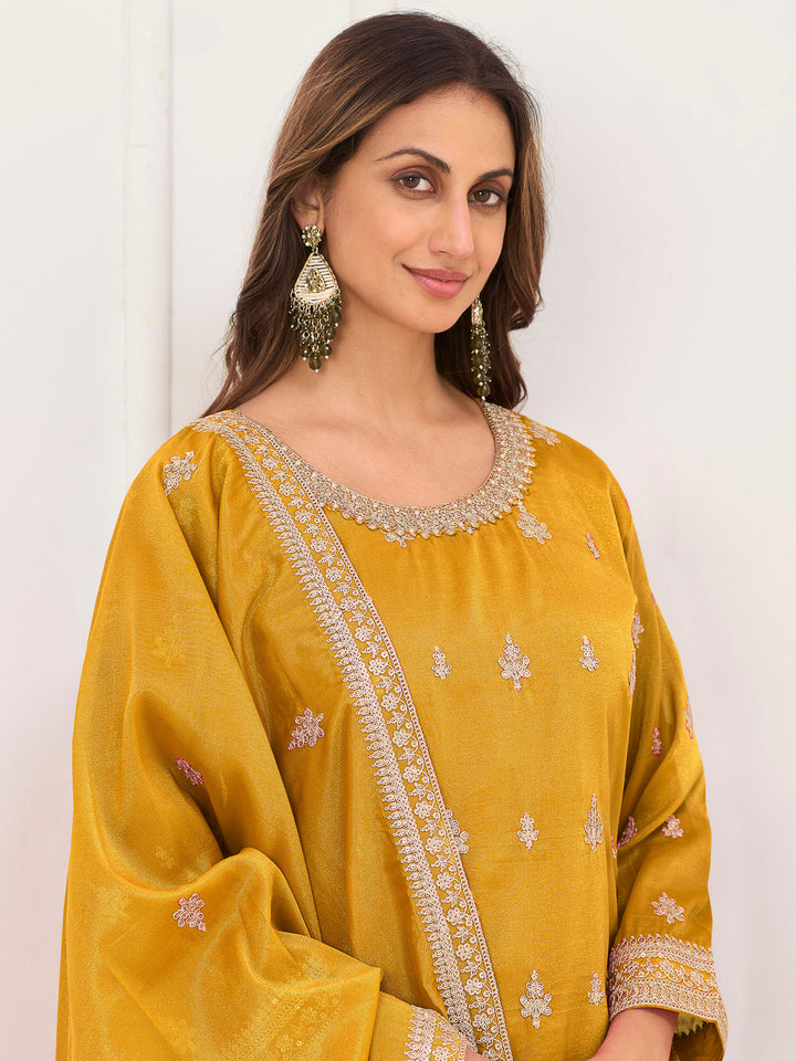 Yellow Art Silk Embroidered Kurta With Palazzo &amp; Dupatta