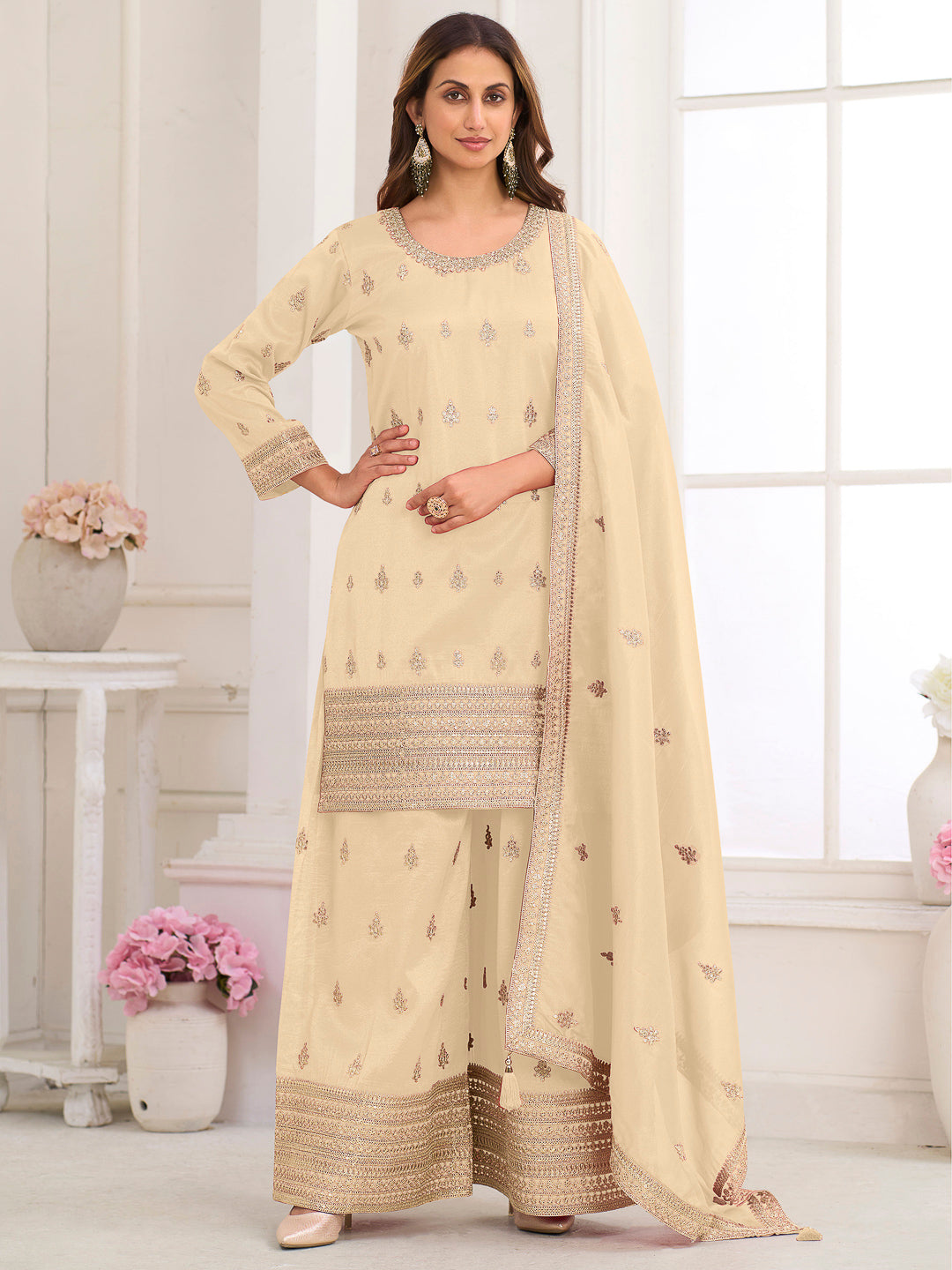 Cream Art Silk Embroidered Kurta With Palazzo &amp; Dupatta
