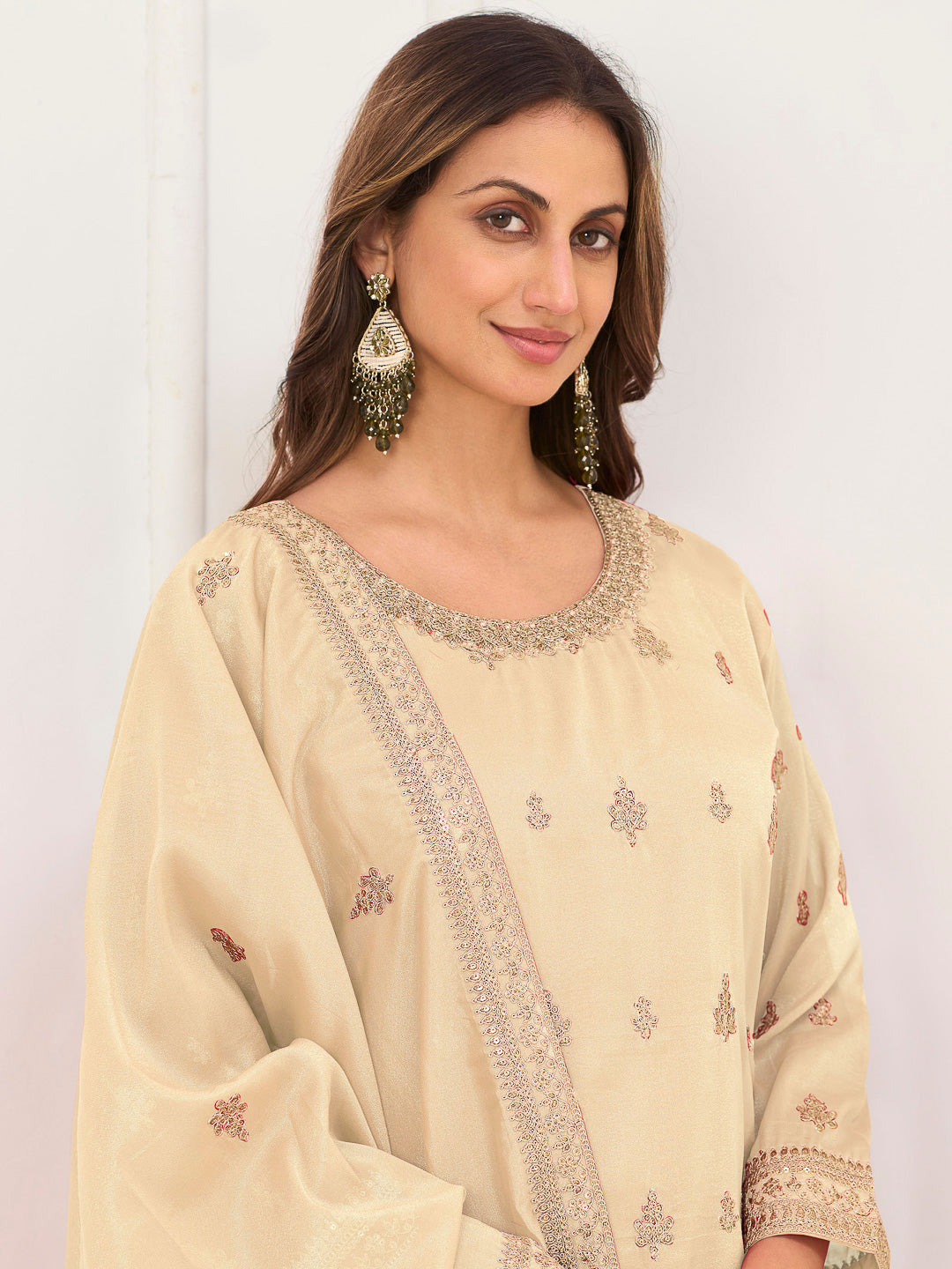 Cream Art Silk Embroidered Kurta With Palazzo &amp; Dupatta
