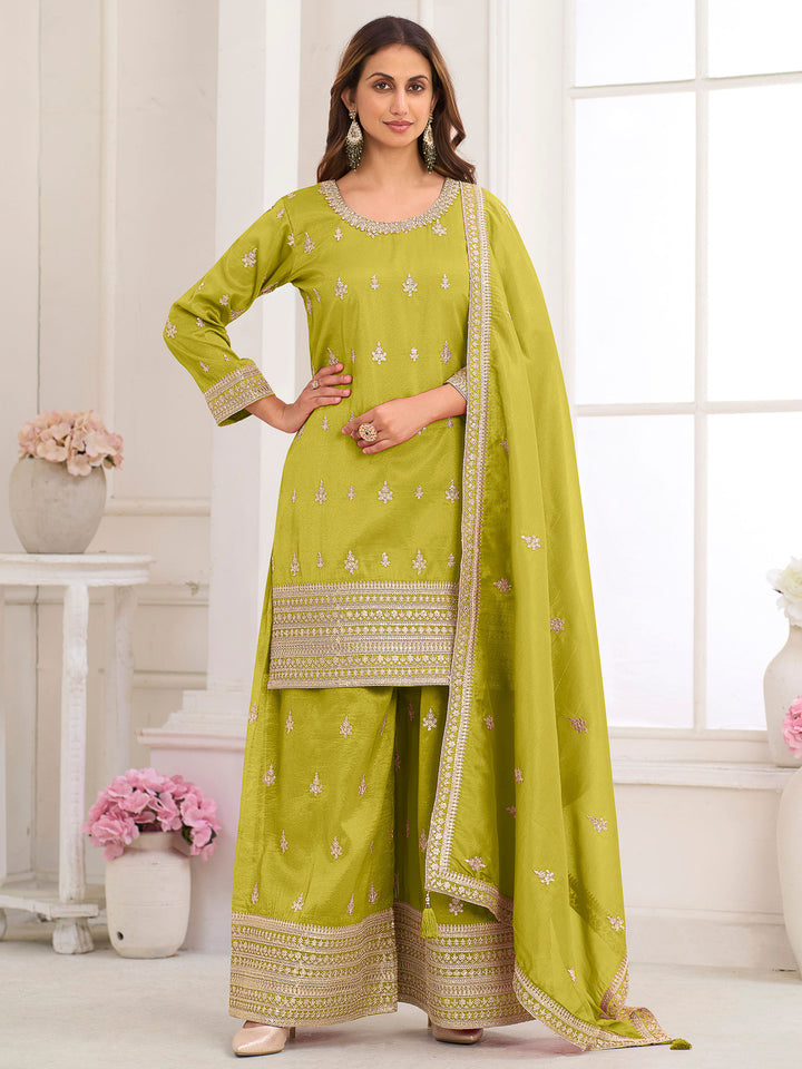 Lime Green Art Silk Embroidered Kurta With Palazzo &amp; Dupatta