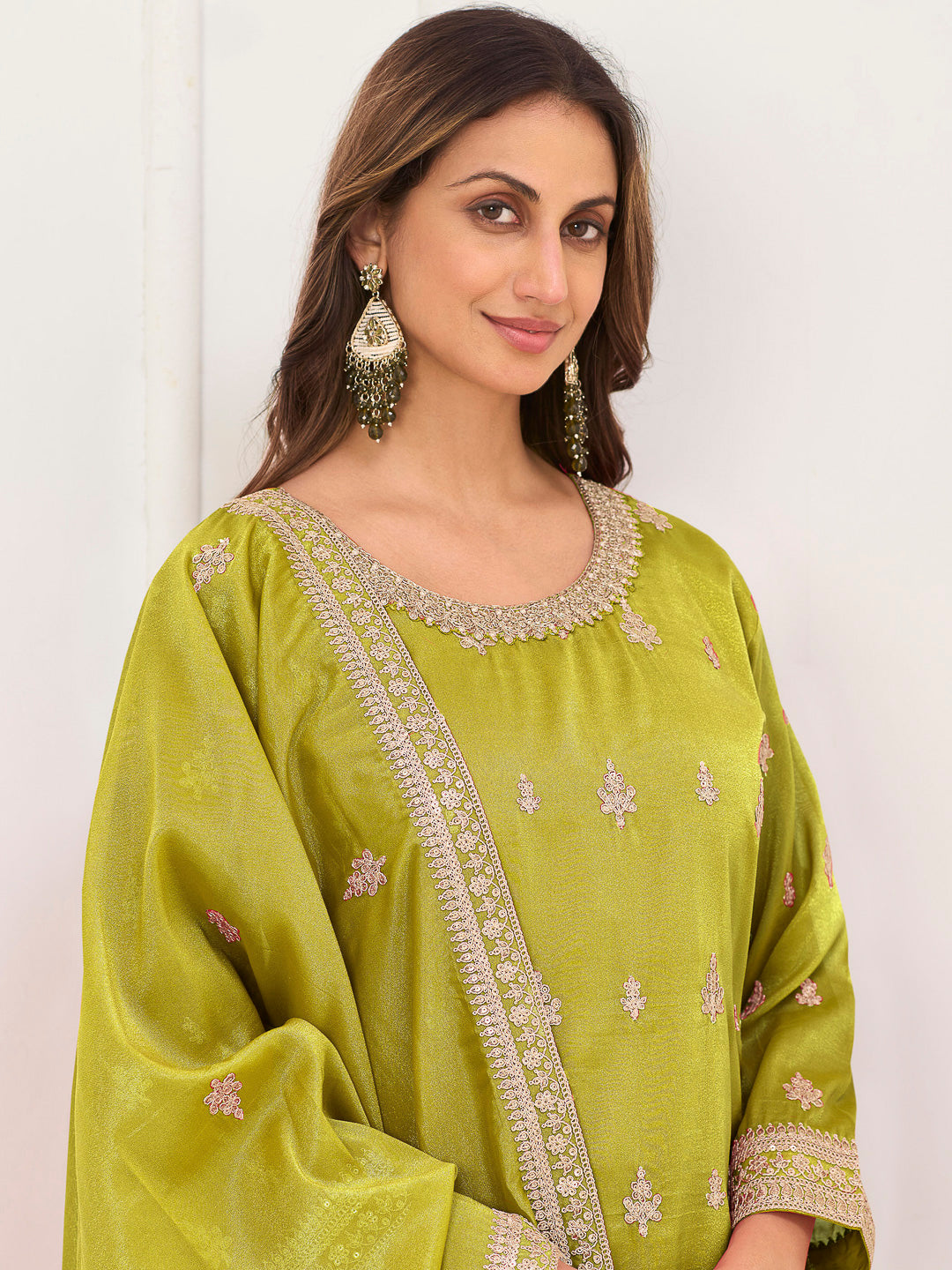 Lime Green Art Silk Embroidered Kurta With Palazzo &amp; Dupatta