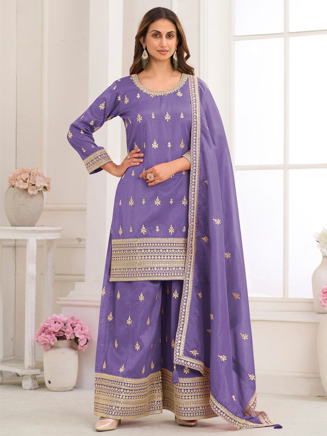 Lavender Art Silk Embroidered Kurta With Palazzo &amp; Dupatta