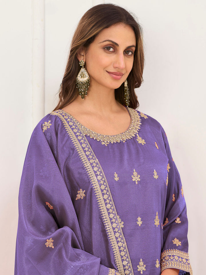 Lavender Art Silk Embroidered Kurta With Palazzo &amp; Dupatta