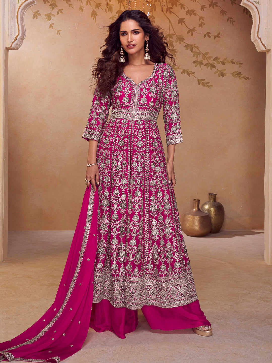 Pink Chinon Embroidered Front slit Anarkali With Palazzo &amp; Dupatta