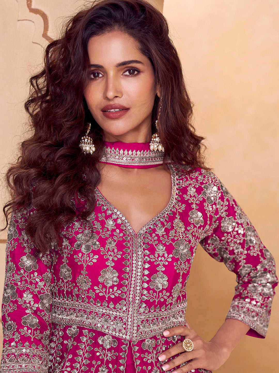 Pink Chinon Embroidered Front slit Anarkali With Palazzo &amp; Dupatta
