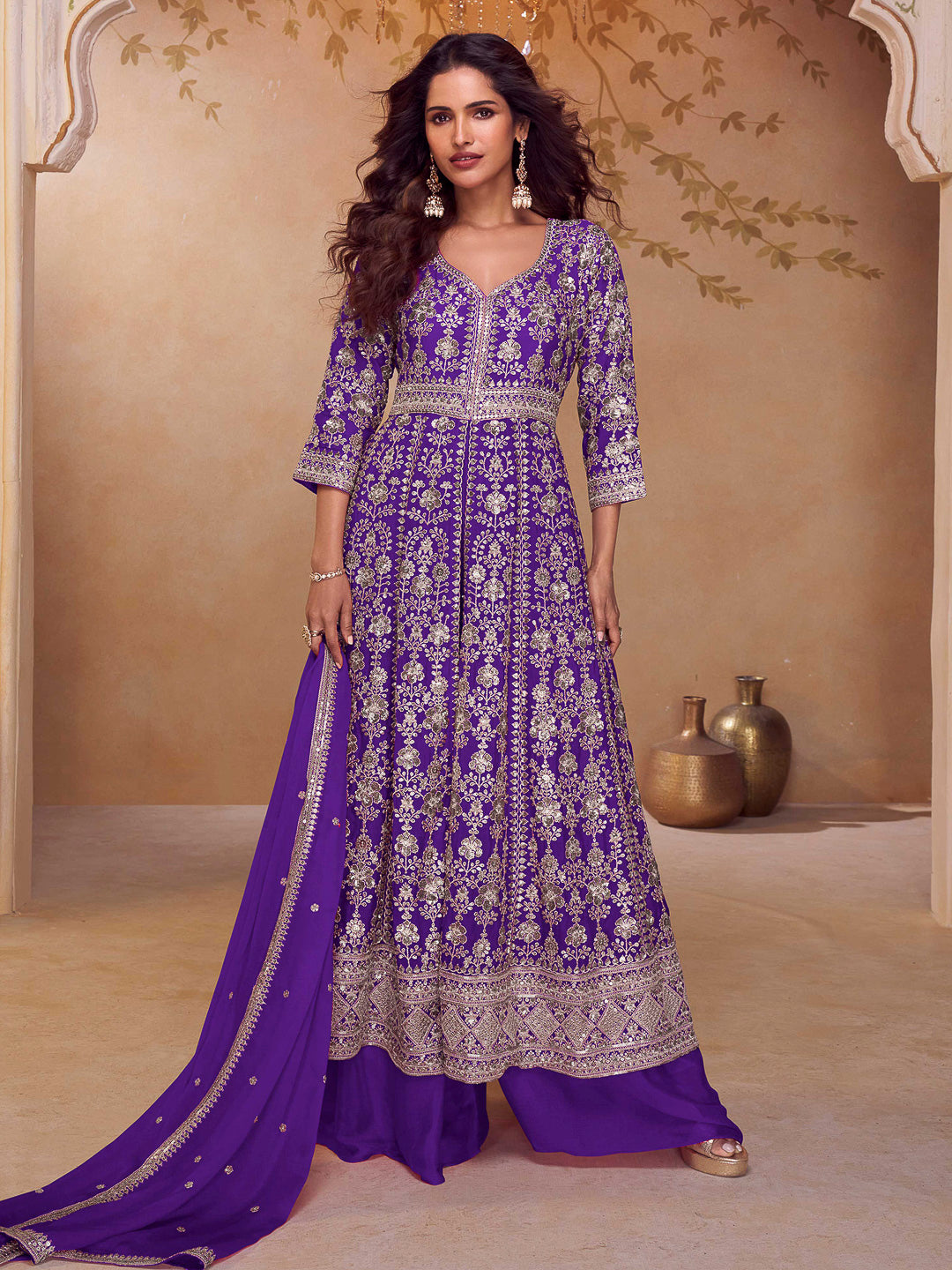 Purple Chinon Embroidered Front slit Anarkali With Palazzo &amp; Dupatta