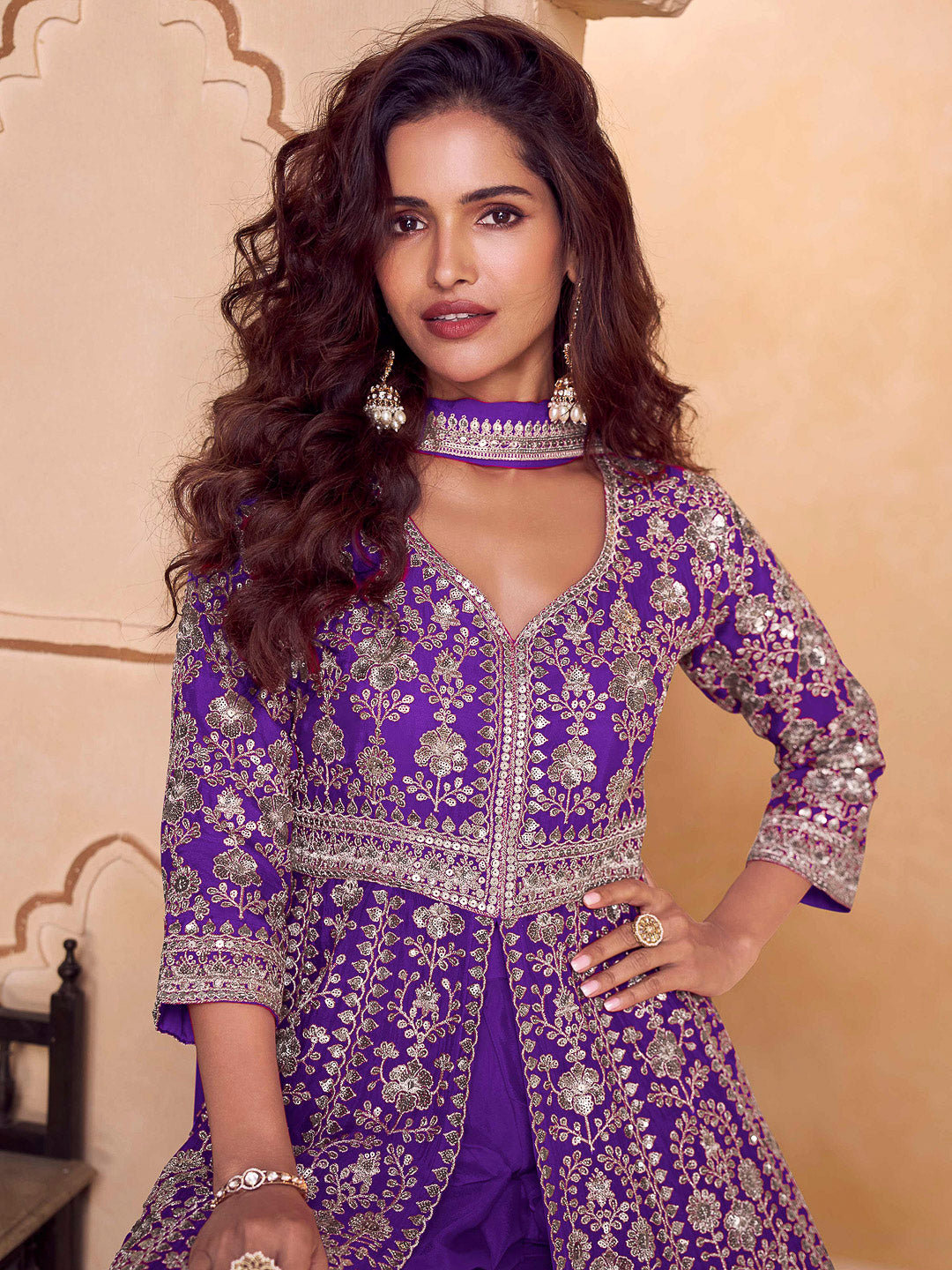 Purple Chinon Embroidered Front slit Anarkali With Palazzo &amp; Dupatta