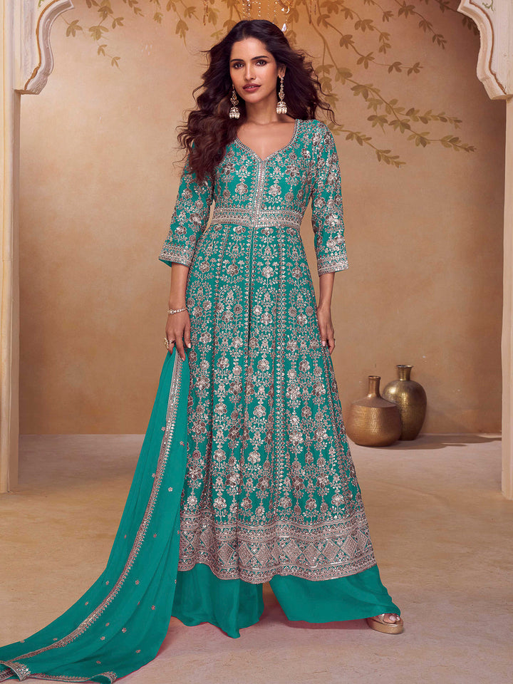 Turquoise Chinon Embroidered Front slit Anarkali With Palazzo &amp; Dupatta
