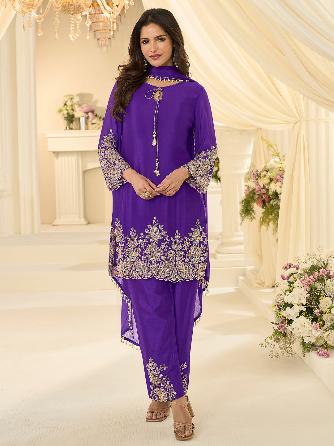 Purple Chinon Embroidered Anarkali &amp; Pant With Dupatta