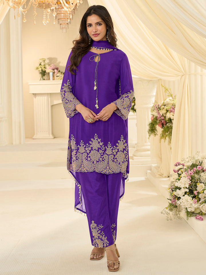 Purple Chinon Embroidered Anarkali &amp; Pant With Dupatta