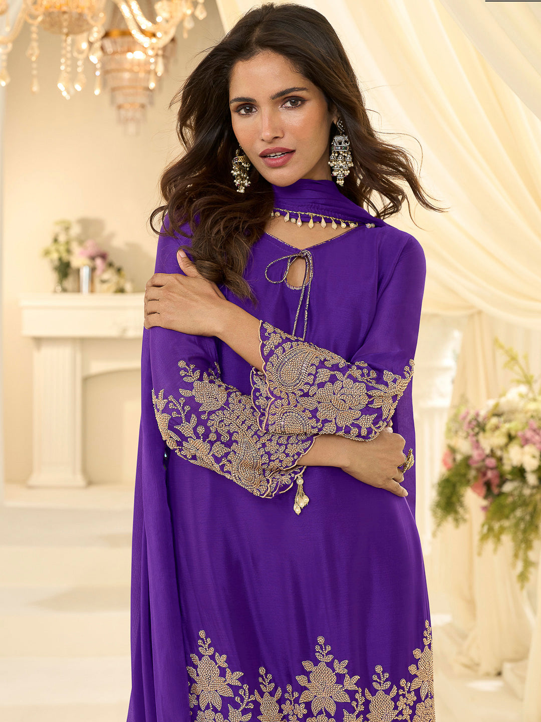 Purple Chinon Embroidered Anarkali &amp; Pant With Dupatta