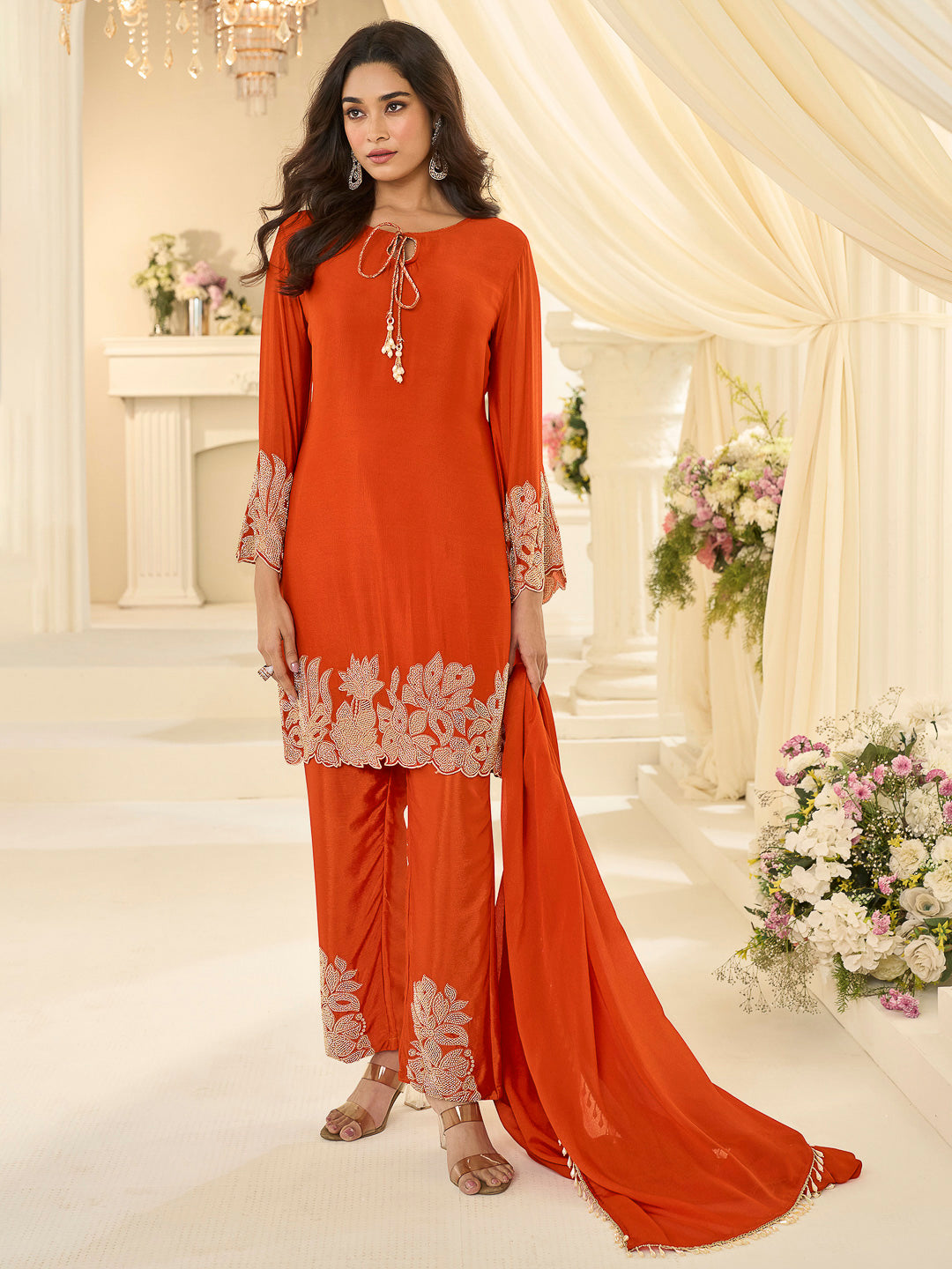 Orange Chinon Embroidered Anarkali &amp; Pant With Dupatta