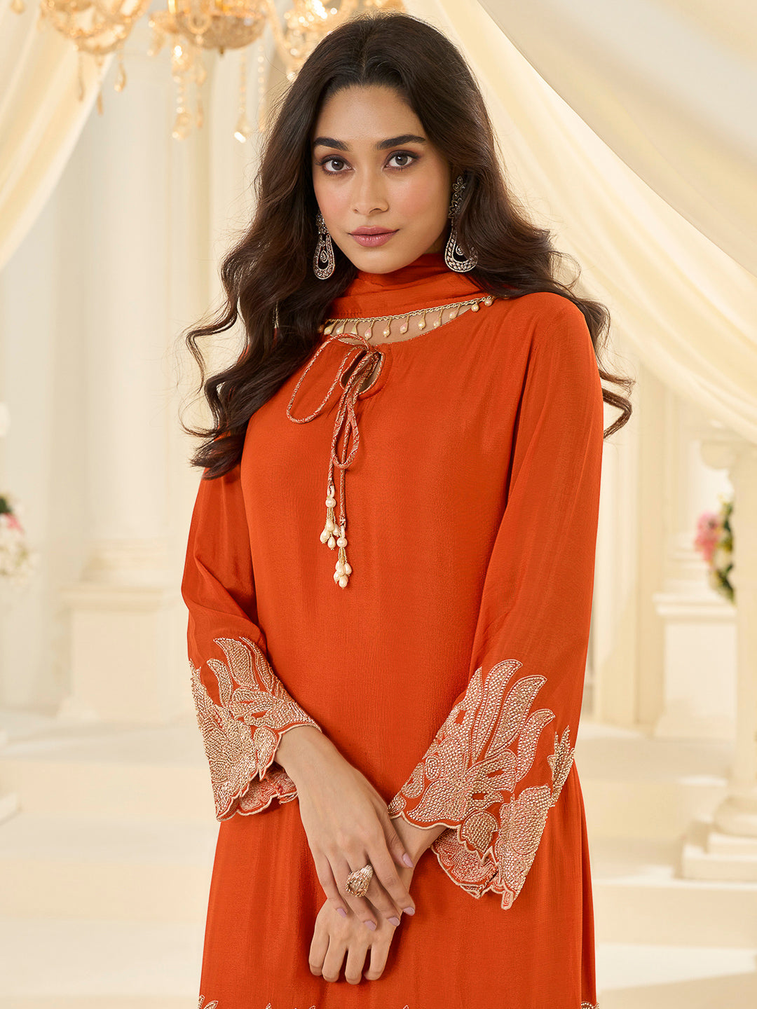 Orange Chinon Embroidered Anarkali &amp; Pant With Dupatta
