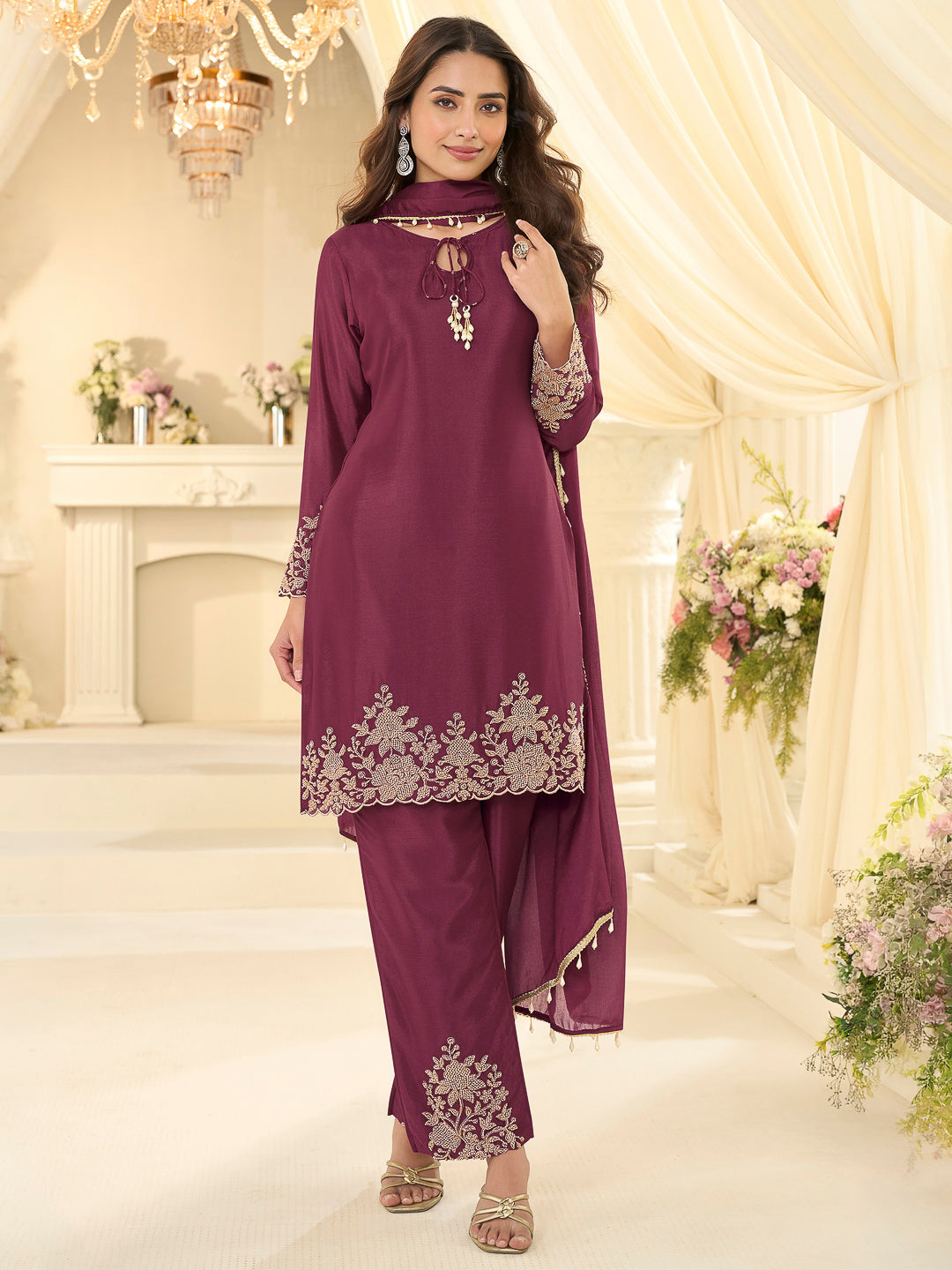 Wine Chinon Embroidered Anarkali &amp; Pant With Dupatta