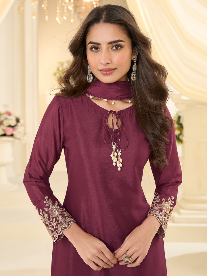 Wine Chinon Embroidered Anarkali &amp; Pant With Dupatta