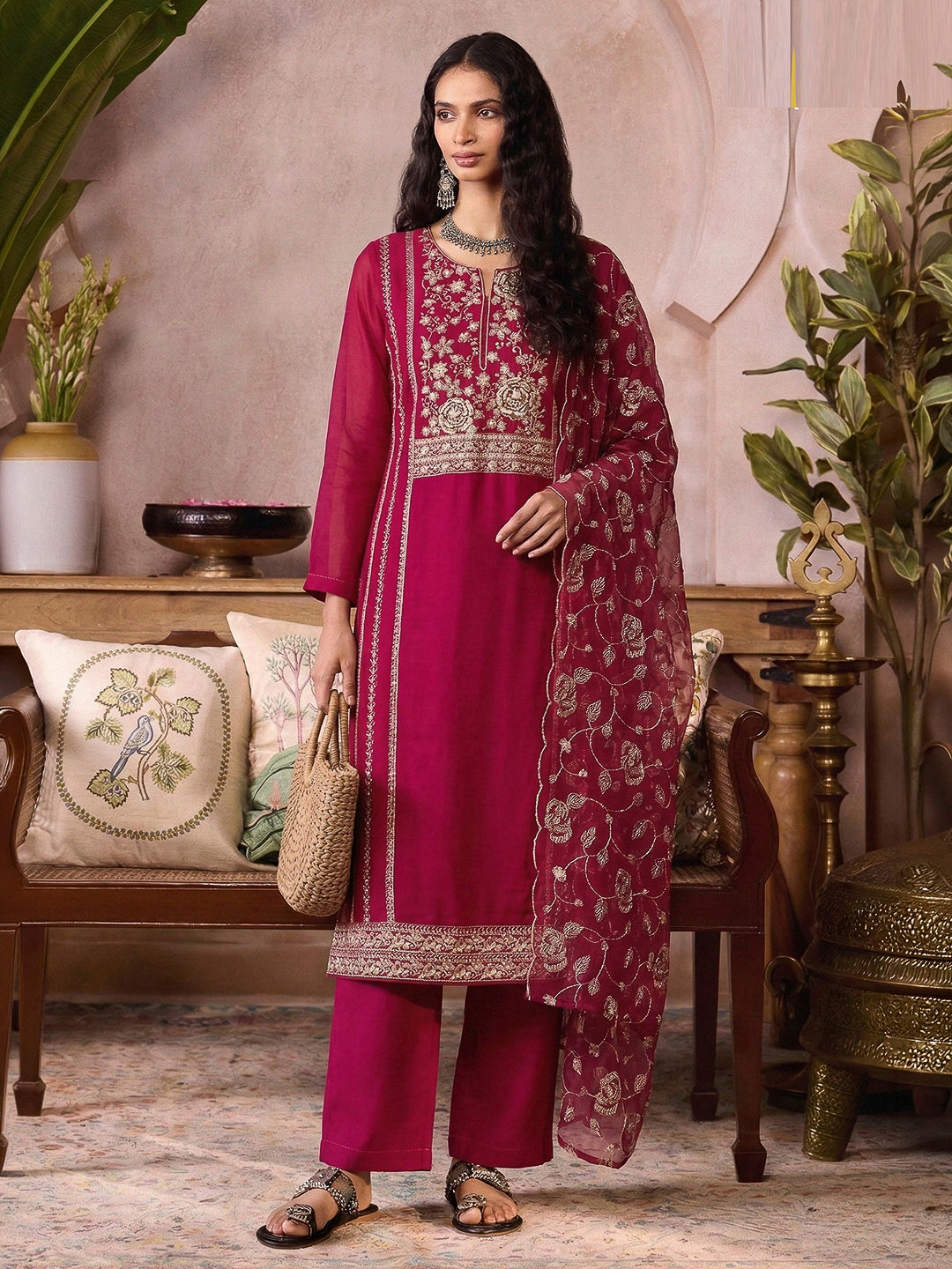 Pink Organza Embroidered Kurta With Pant &amp; Dupatta
