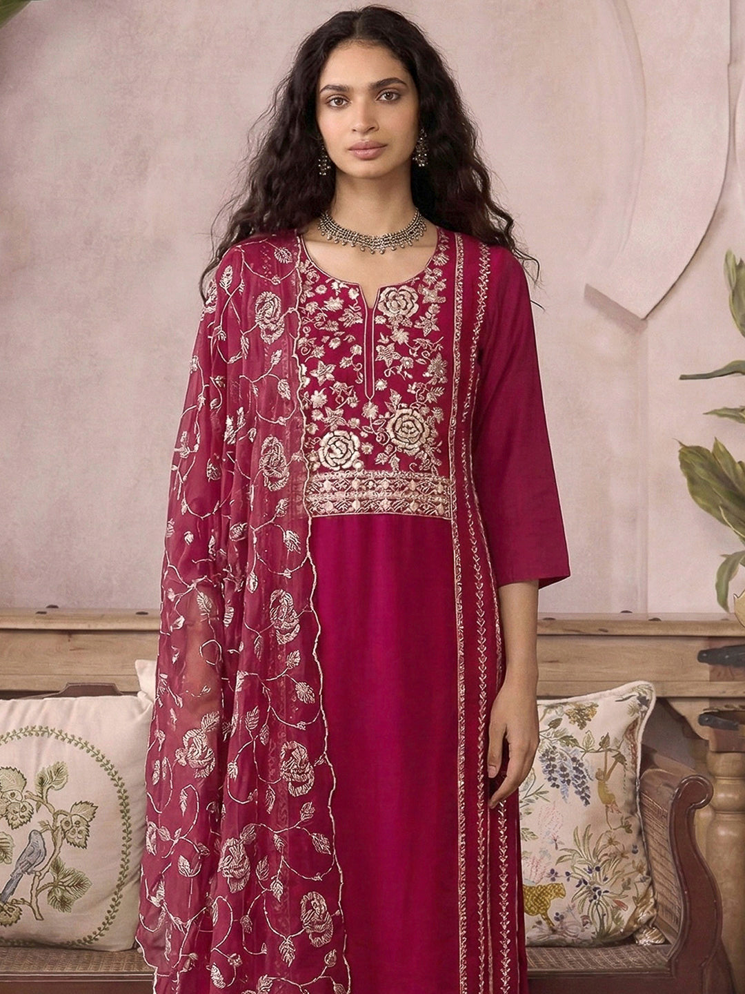 Pink Organza Embroidered Kurta With Pant &amp; Dupatta