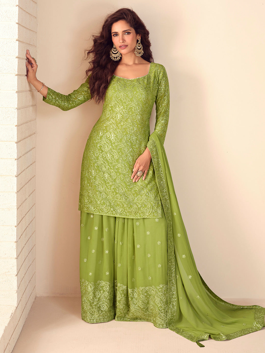 Lime Green Georgette Embroidered Kurta With Sharara &amp; Dupatta