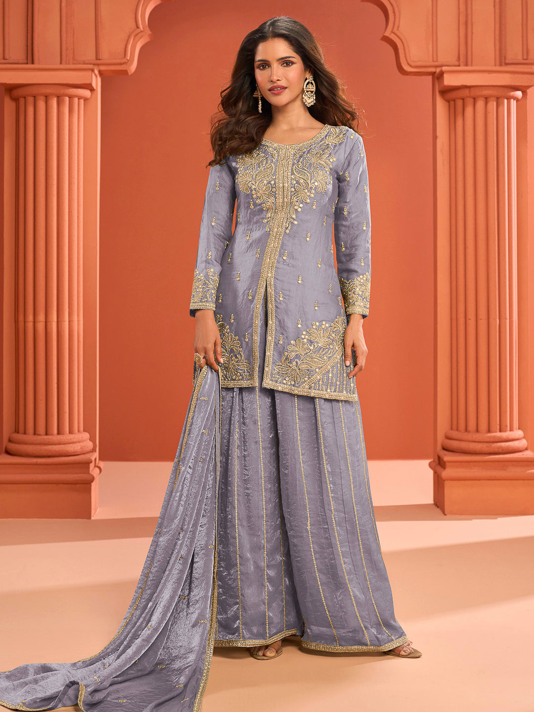 Blue Art Silk Embroidered Kurta With Palazzo &amp; Dupatta