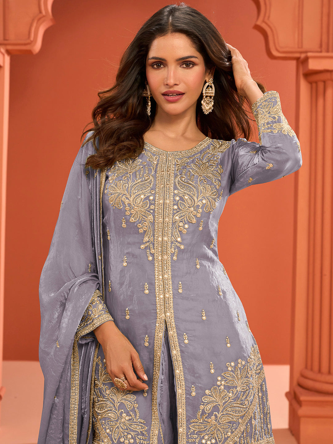 Blue Art Silk Embroidered Kurta With Palazzo &amp; Dupatta