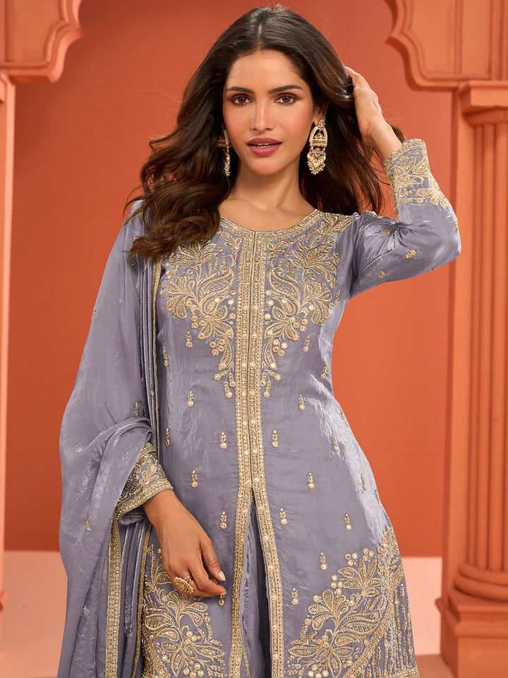 Blue Art Silk Embroidered Kurta With Palazzo &amp; Dupatta