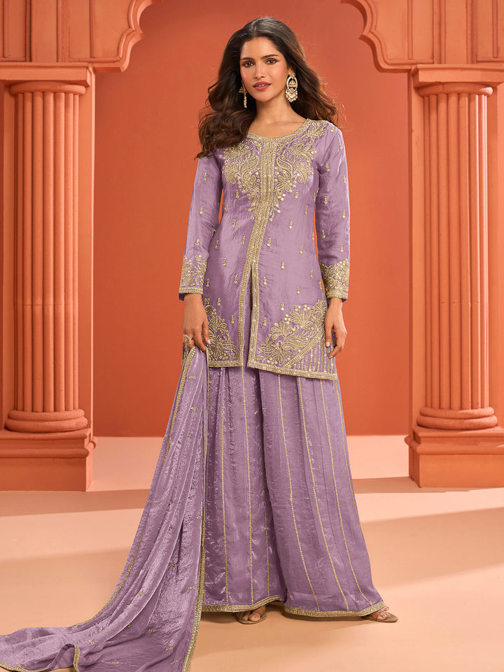 Lilac Art Silk Embroidered Kurta With Palazzo &amp; Dupatta