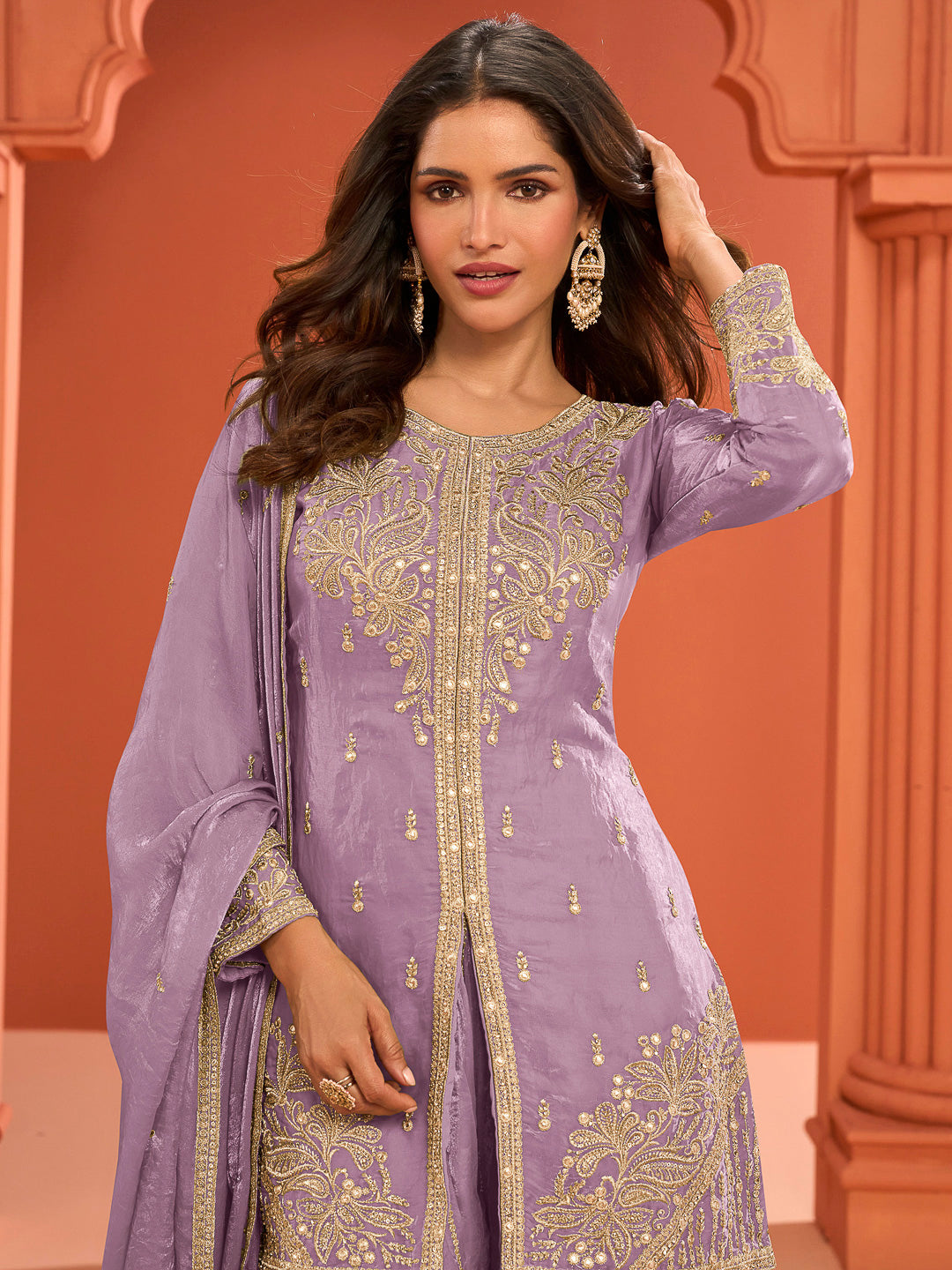 Lilac Art Silk Embroidered Kurta With Palazzo &amp; Dupatta