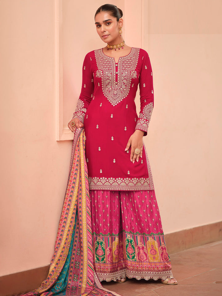 Rani Chinon Embroidered Kurta With Palazzo &amp; Dupatta
