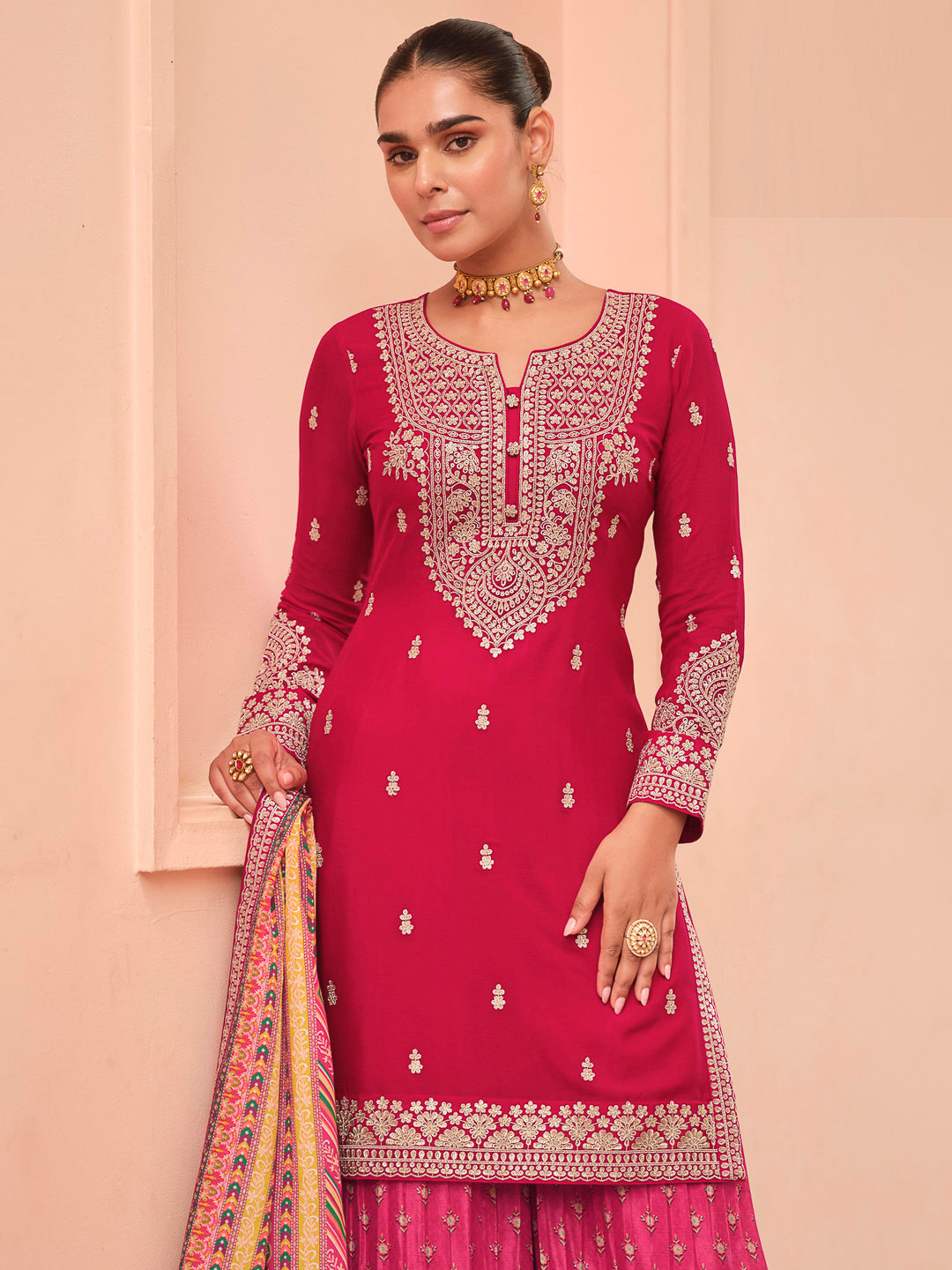 Rani Chinon Embroidered Kurta With Palazzo &amp; Dupatta