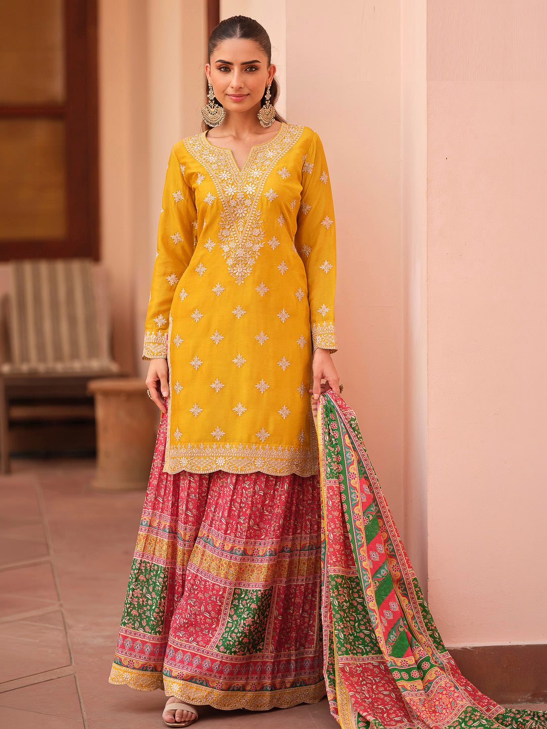Yellow Chinon Embroidered Kurta With Palazzo &amp; Dupatta