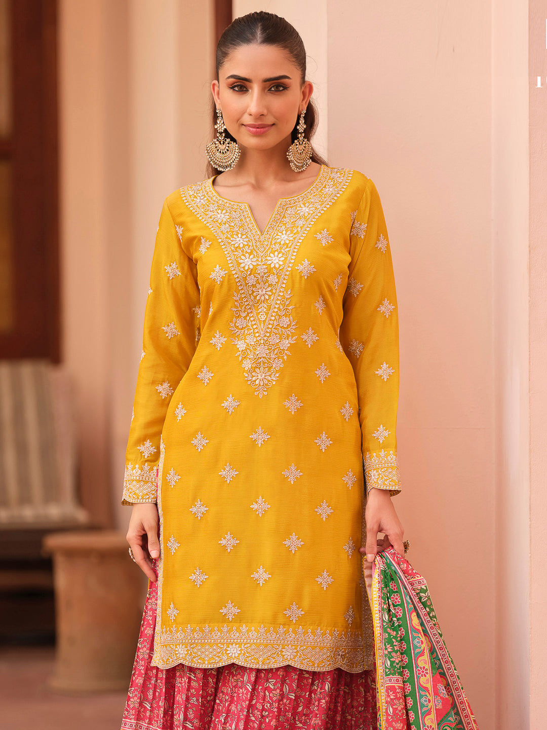 Yellow Chinon Embroidered Kurta With Palazzo &amp; Dupatta
