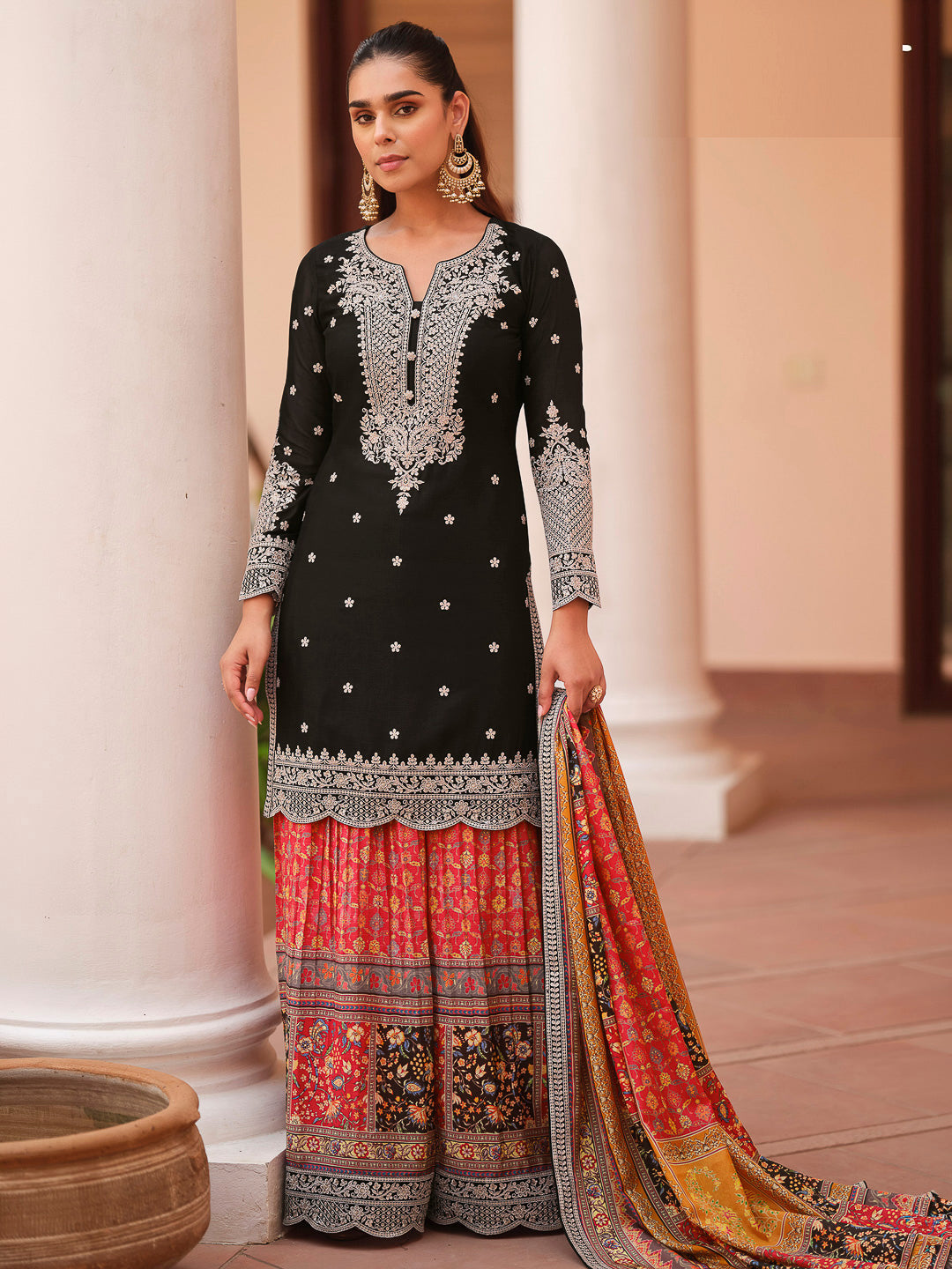 Black Chinon Embroidered Kurta With Palazzo &amp; Dupatta