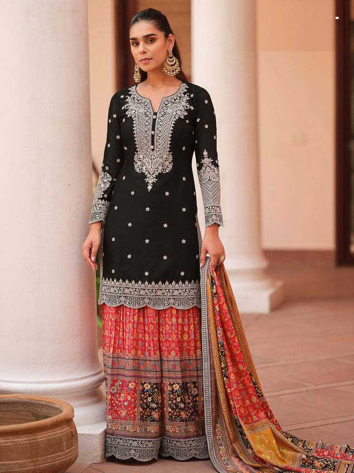 Black Chinon Embroidered Kurta With Palazzo &amp; Dupatta