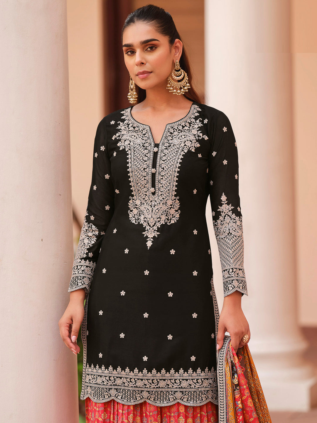 Black Chinon Embroidered Kurta With Palazzo &amp; Dupatta