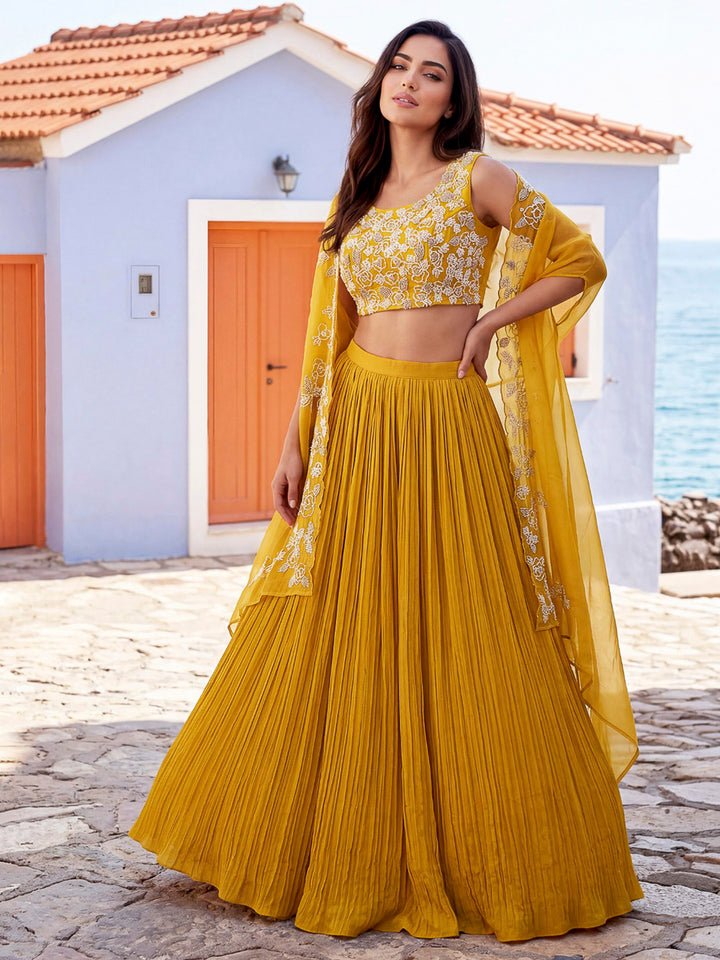 Yellow Chinon Embroidered Blouse With Lehanga &amp; Jacket