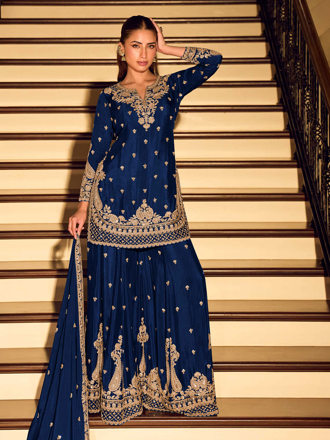 Navy Blue Chinon Embroidered Kurta With Sharara &amp; Dupatta
