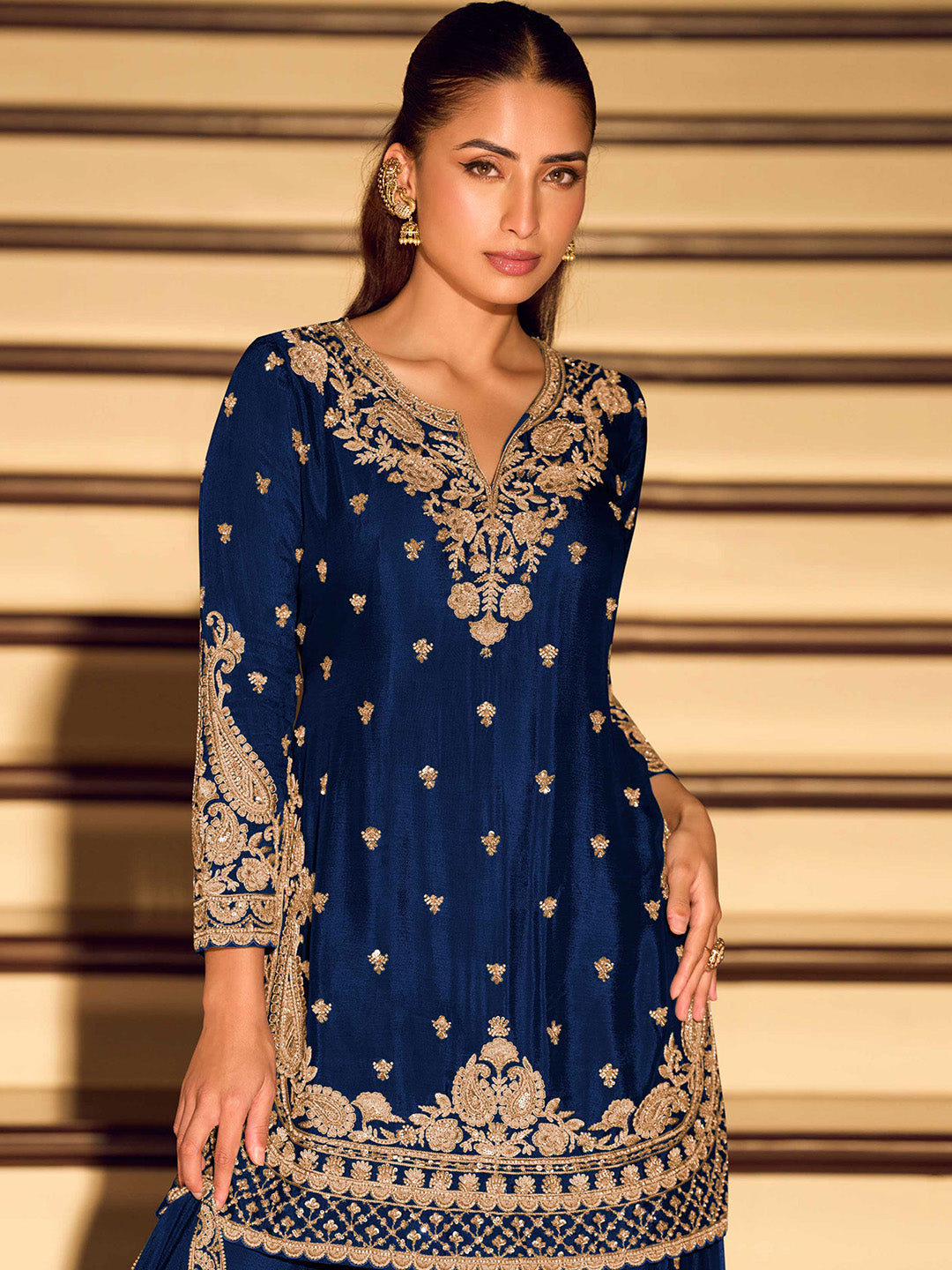 Navy Blue Chinon Embroidered Kurta With Sharara &amp; Dupatta