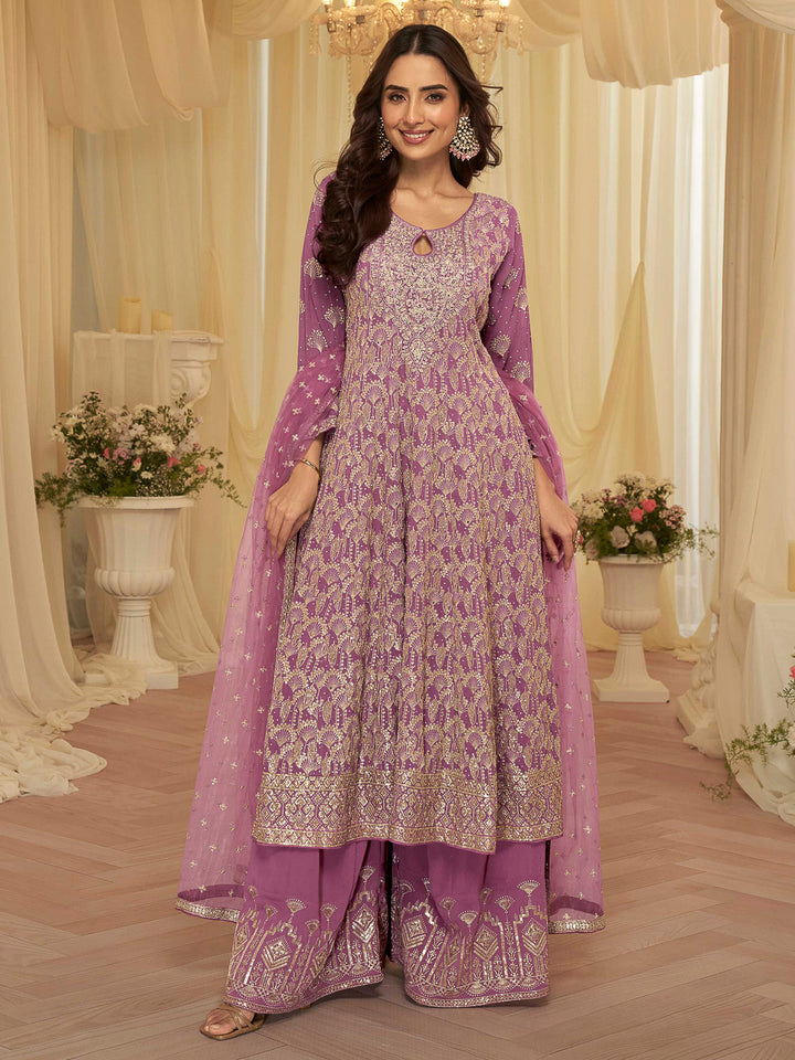 Lavender Georgette Embroidered Anarkali &amp; Palazzo With Dupatta