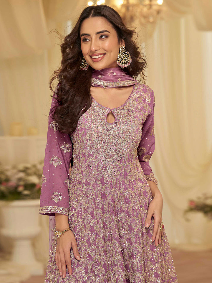 Lavender Georgette Embroidered Anarkali &amp; Palazzo With Dupatta