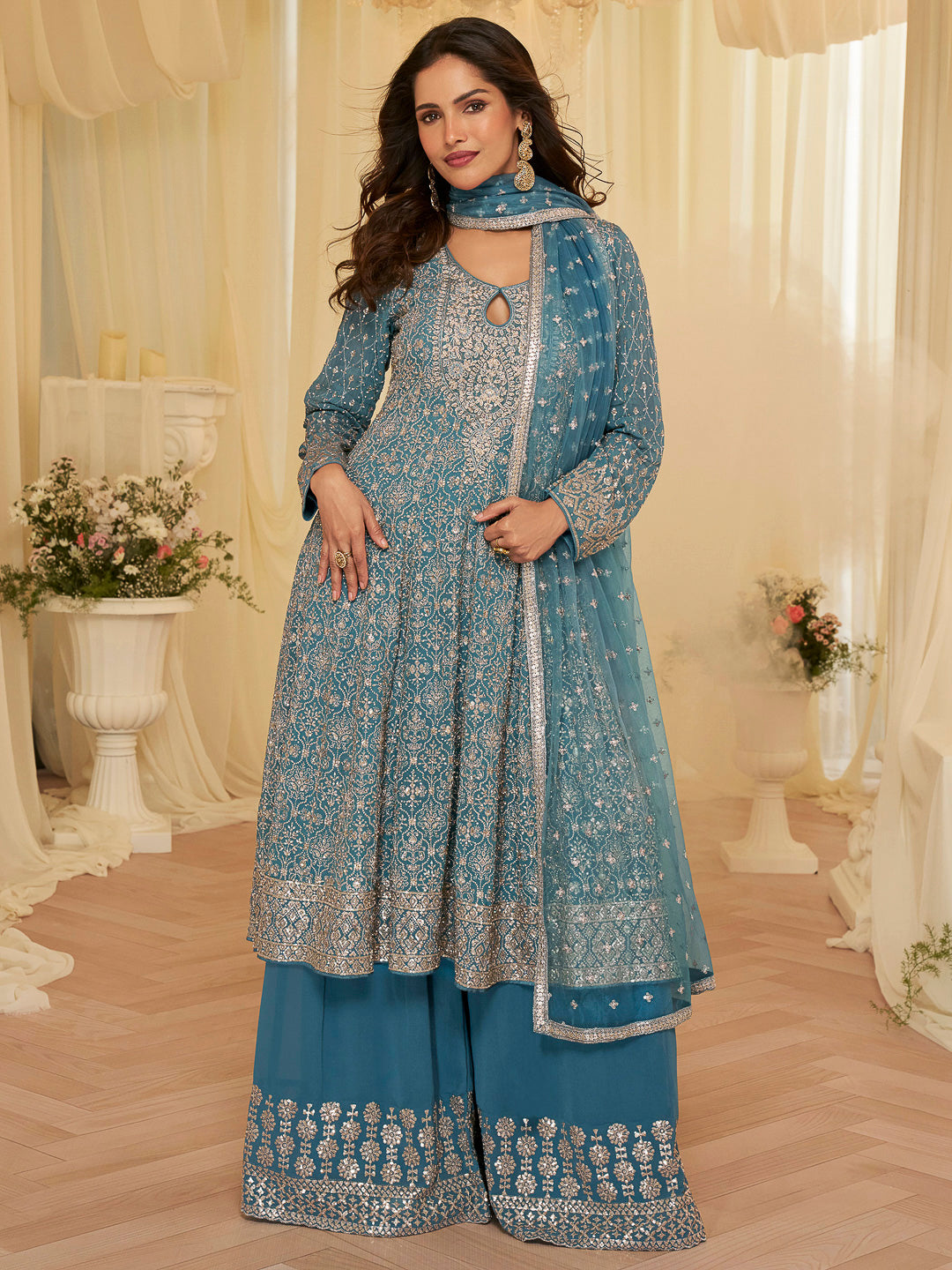 Blue Georgette Embroidered Anarkali &amp; Palazzo With Dupatta