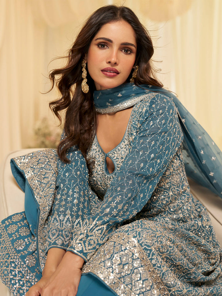 Blue Georgette Embroidered Anarkali &amp; Palazzo With Dupatta