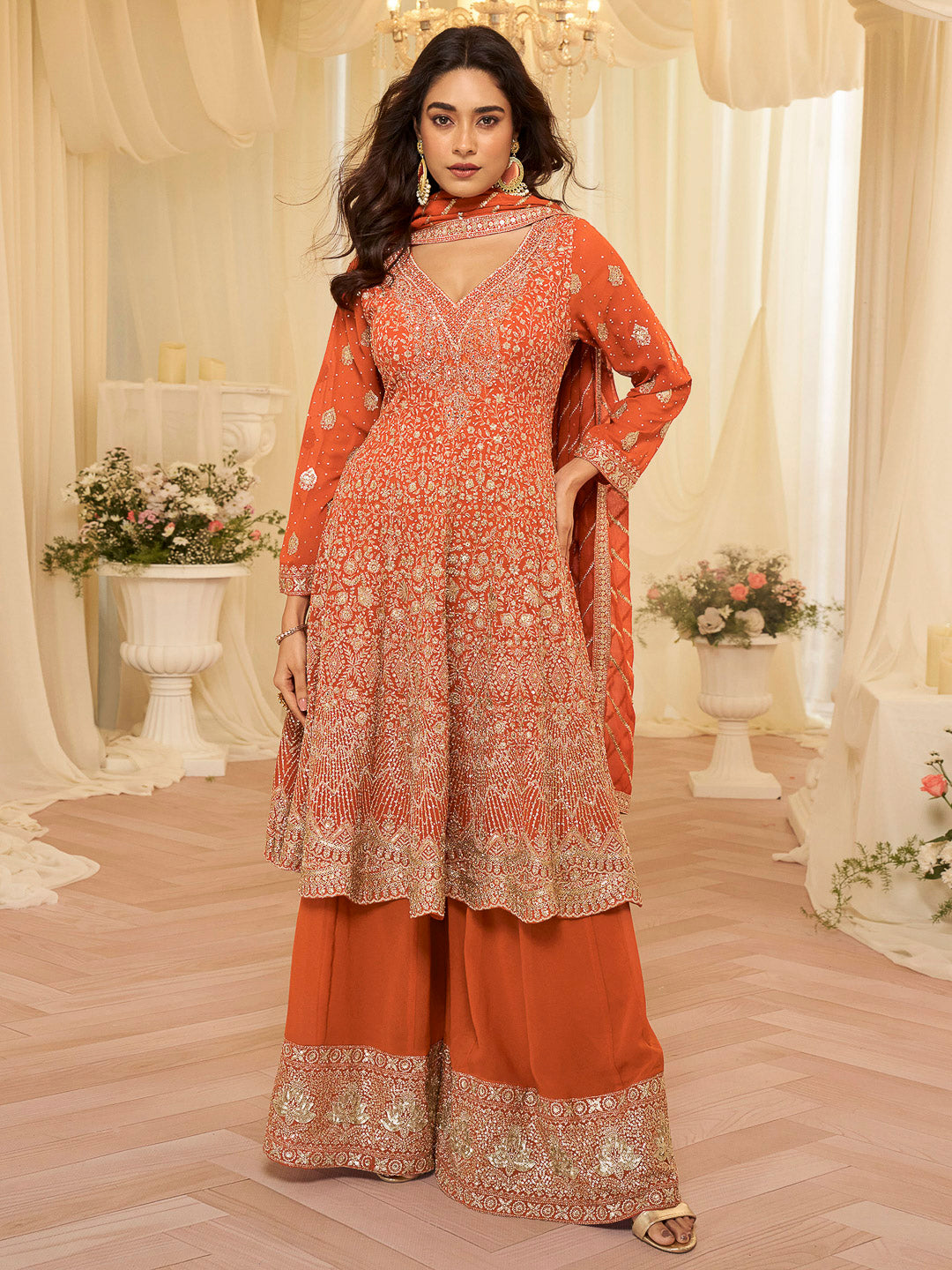 Peach Georgette Embroidered Anarkali &amp; Palazzo With Dupatta