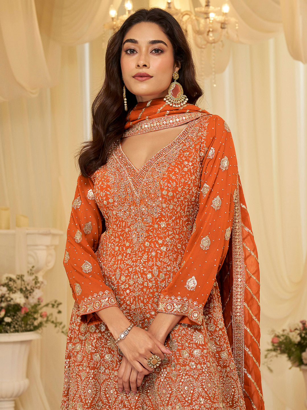 Peach Georgette Embroidered Anarkali &amp; Palazzo With Dupatta