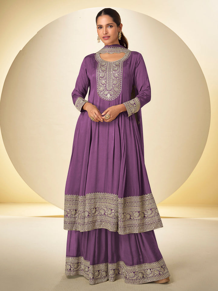 Purple Chinon Embroidered Anarkali &amp; Palazzo With Dupatta