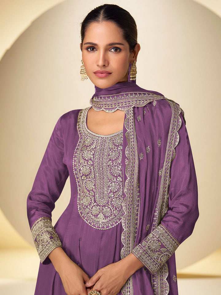 Purple Chinon Embroidered Anarkali &amp; Palazzo With Dupatta