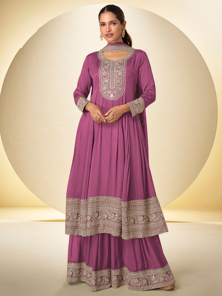 Pink Chinon Embroidered Anarkali &amp; Palazzo With Dupatta