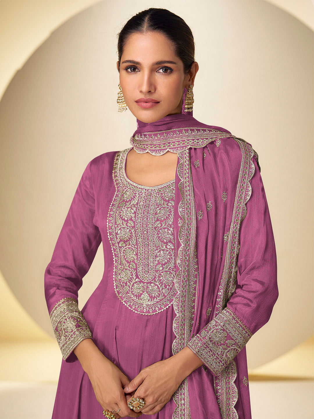 Pink Chinon Embroidered Anarkali &amp; Palazzo With Dupatta