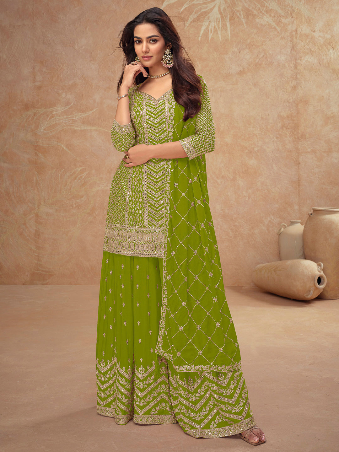 Lime Green Chinon Embroidered Kurta With Palazzo &amp; Dupatta