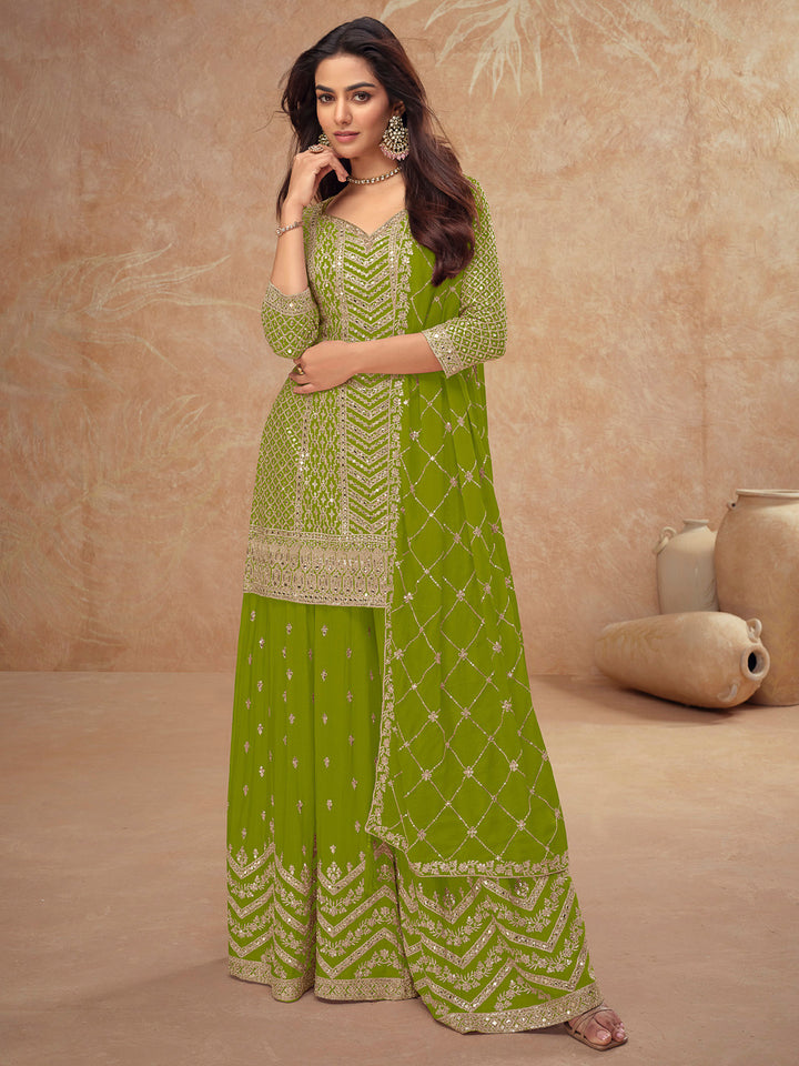 Lime Green Chinon Embroidered Kurta With Palazzo &amp; Dupatta